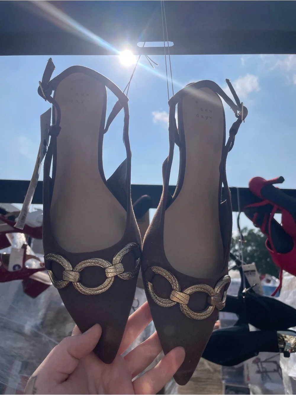 a new day Brown Pointed Slingback Heels with Gold Chain Detail